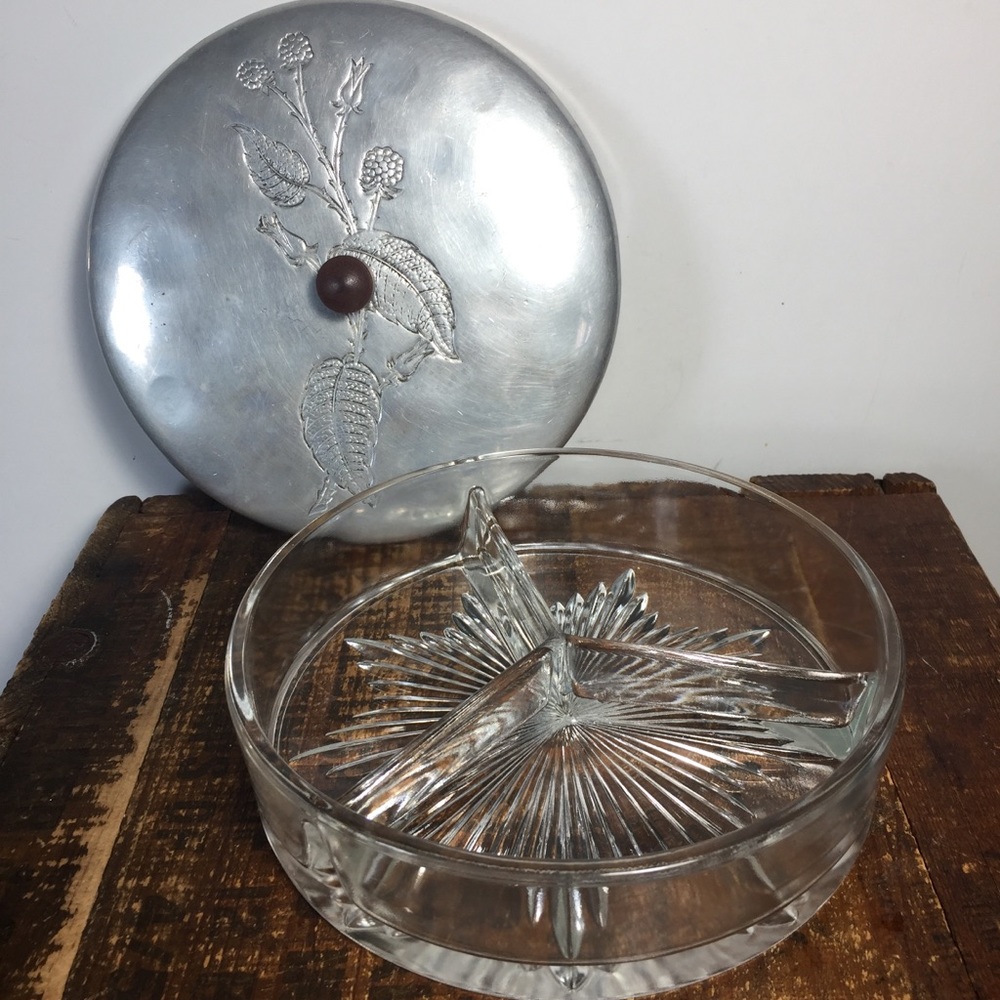 Mid century mod glass divided dish & lid